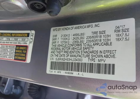 2017 Honda Cr-V Touring z USA, uszkodzony, nr VIN 5J6RW2H93HL034300